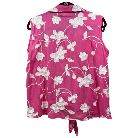 CABANA CAY Women's Embroidered Floral Sleeveless Top Tank Tie Waist Pink Size L - Picture 2 of 11